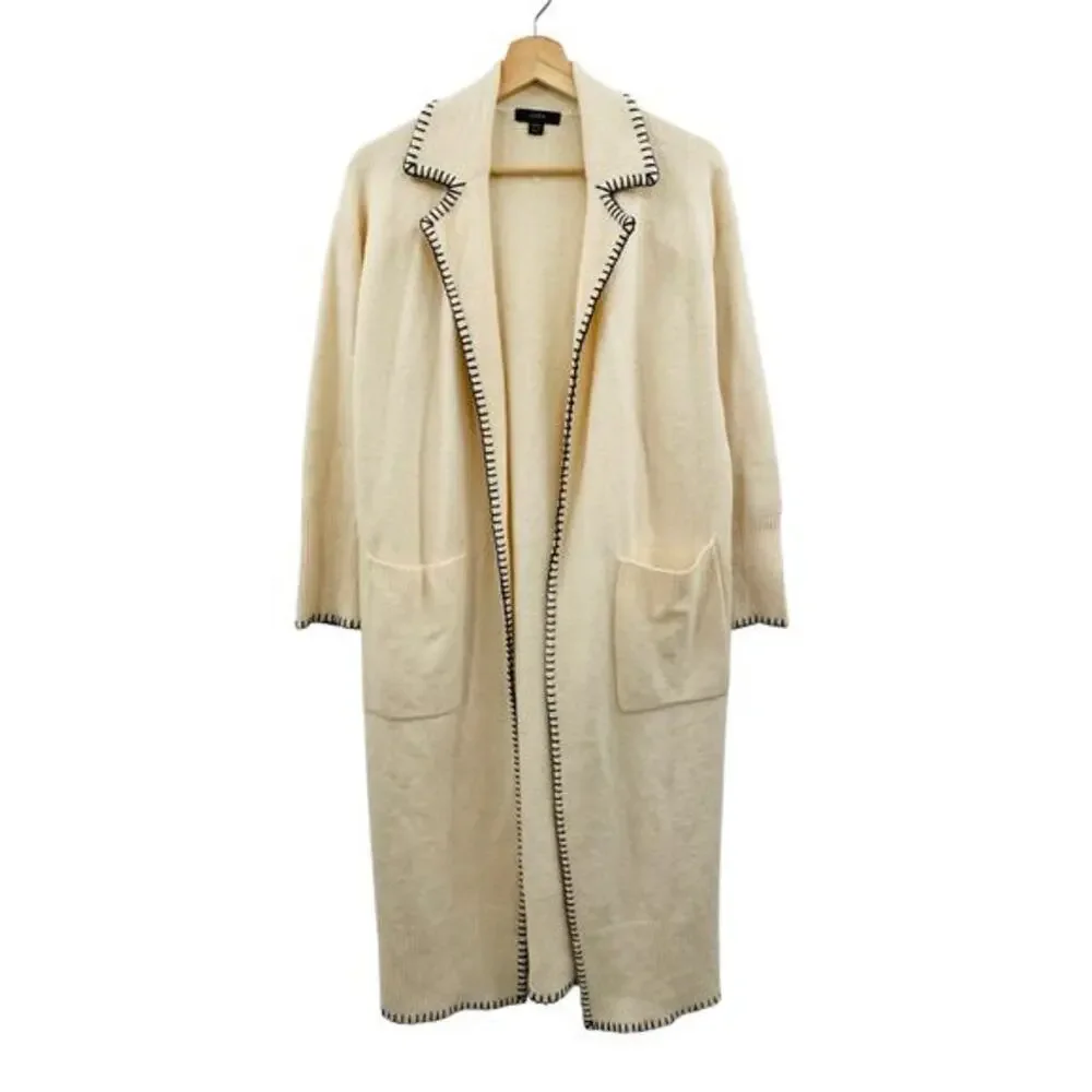 J. Crew Long sweater-coat cream‎ black stitch trim XS/S